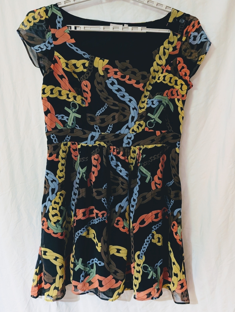 XL 18 eShakti Swing Dress Yellow, Blue, Green & Orange Chain Print on Sheer Mesh